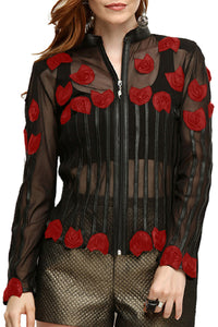 Zamback Genuine Leather Embossed Rose Pattern Short Jacket