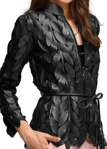 Leaf Patterned Women's Jacket Made of Genuine Leather with Zamback Belt