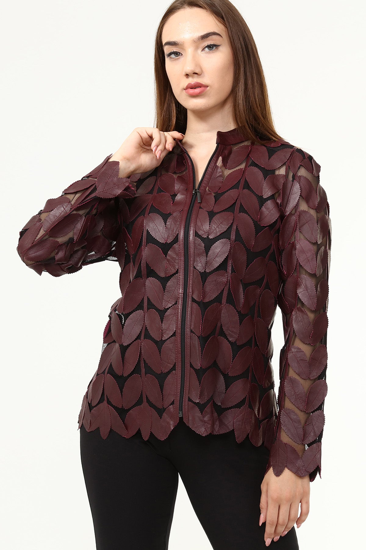 Zamback Genuine Leather Women's Leaf Patterned Jacket
